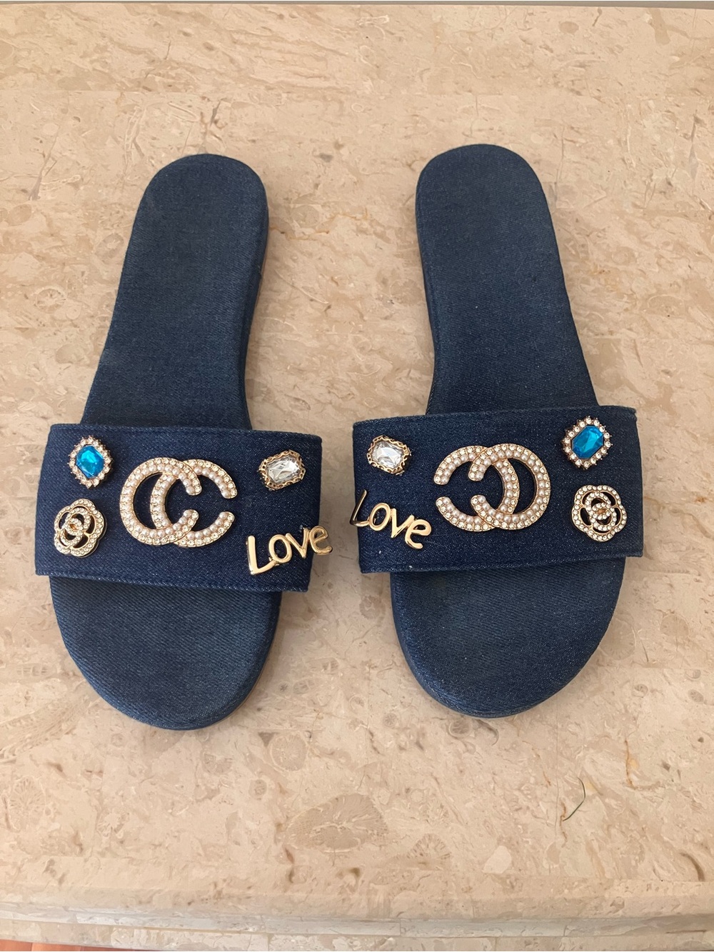 Rouge Helium Blue Denim Jeweled Slide Mules with Gold Accents